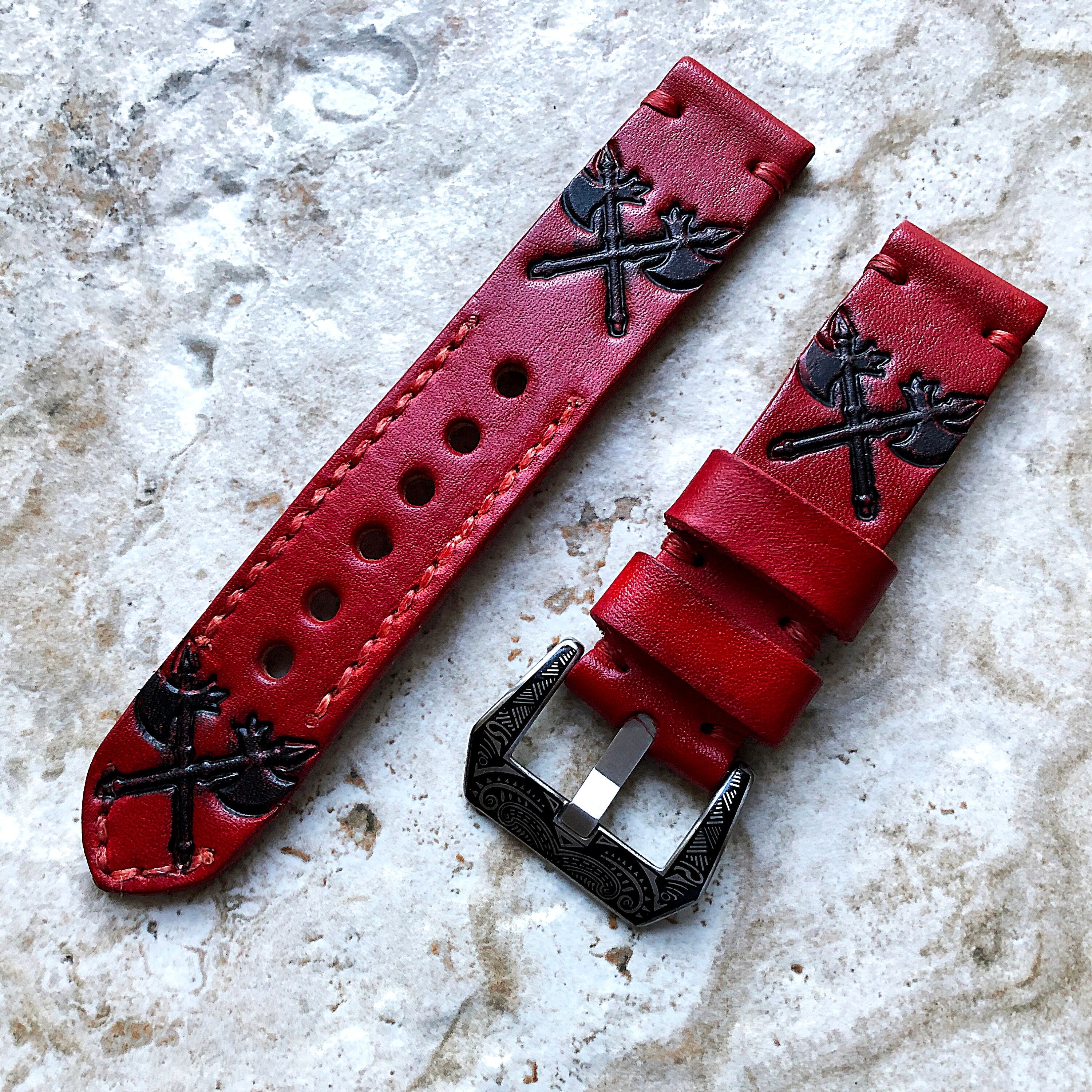 Crossed Axes Band 22mm 24mm 25mm Compatible with Apple Watch Fitbit Versa 2 3 4 Sense 2 Ionic Accented Embossed Real Leather Handmade Strap